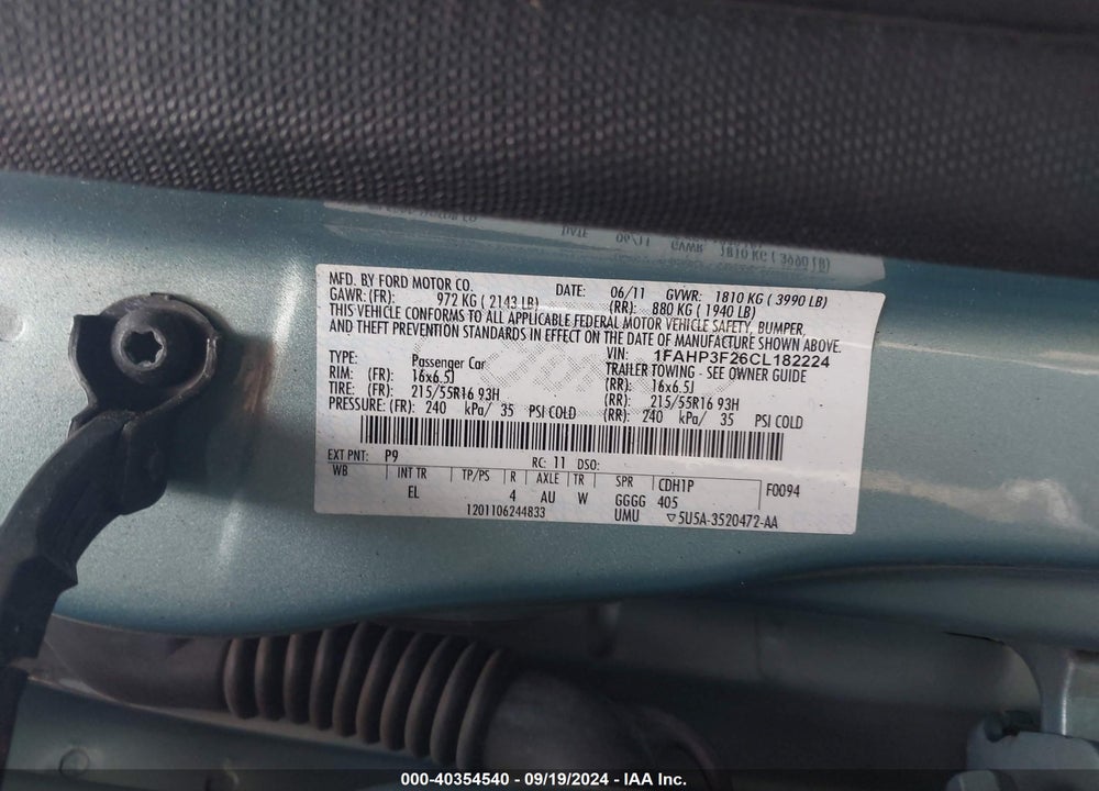 2012 FORD FOCUS SE VIN: 1FAHP3F26CL182224