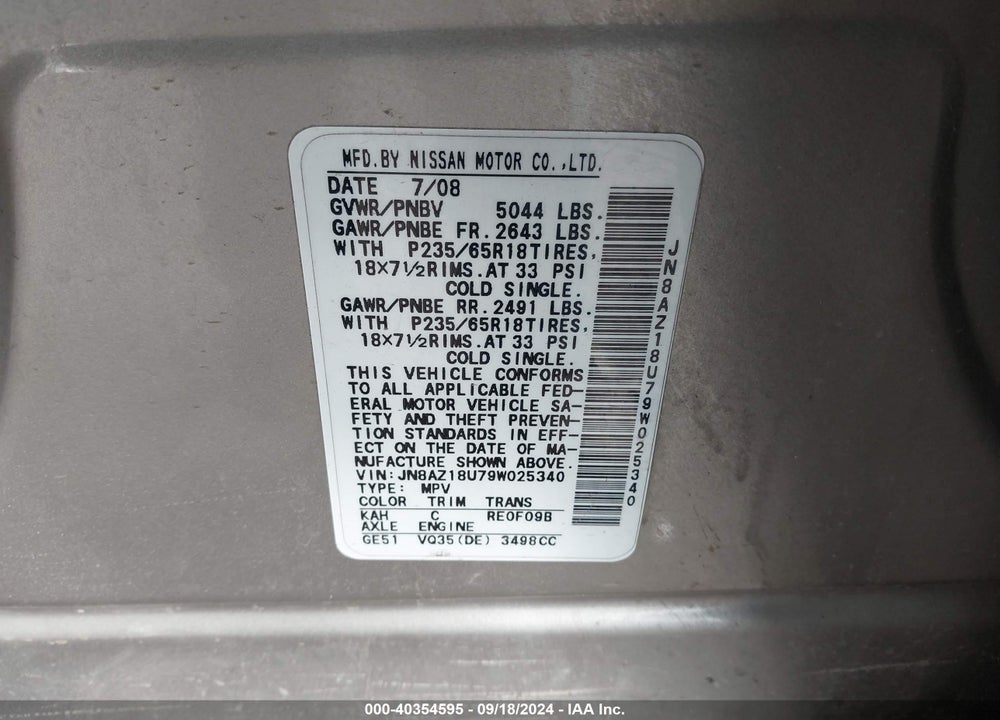 2009 NISSAN MURANO S VIN: JN8AZ18U79W025340