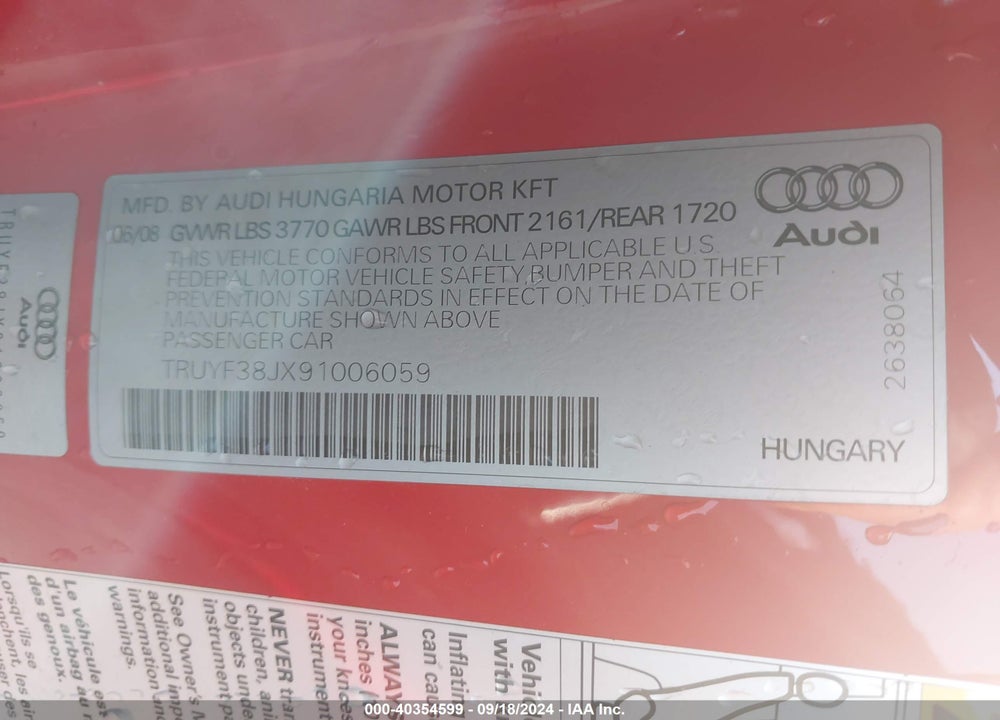 2009 AUDI TT 2.0T VIN: TRUYF38JX91006059