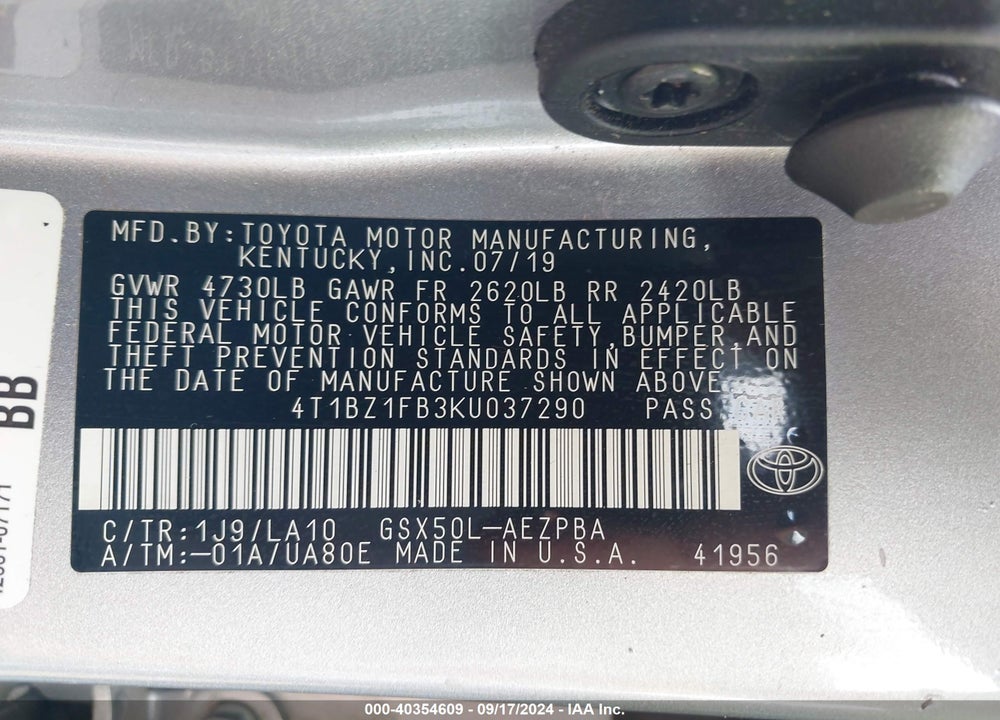 2019 TOYOTA AVALON LIMITED VIN: 4T1BZ1FB3KU037290