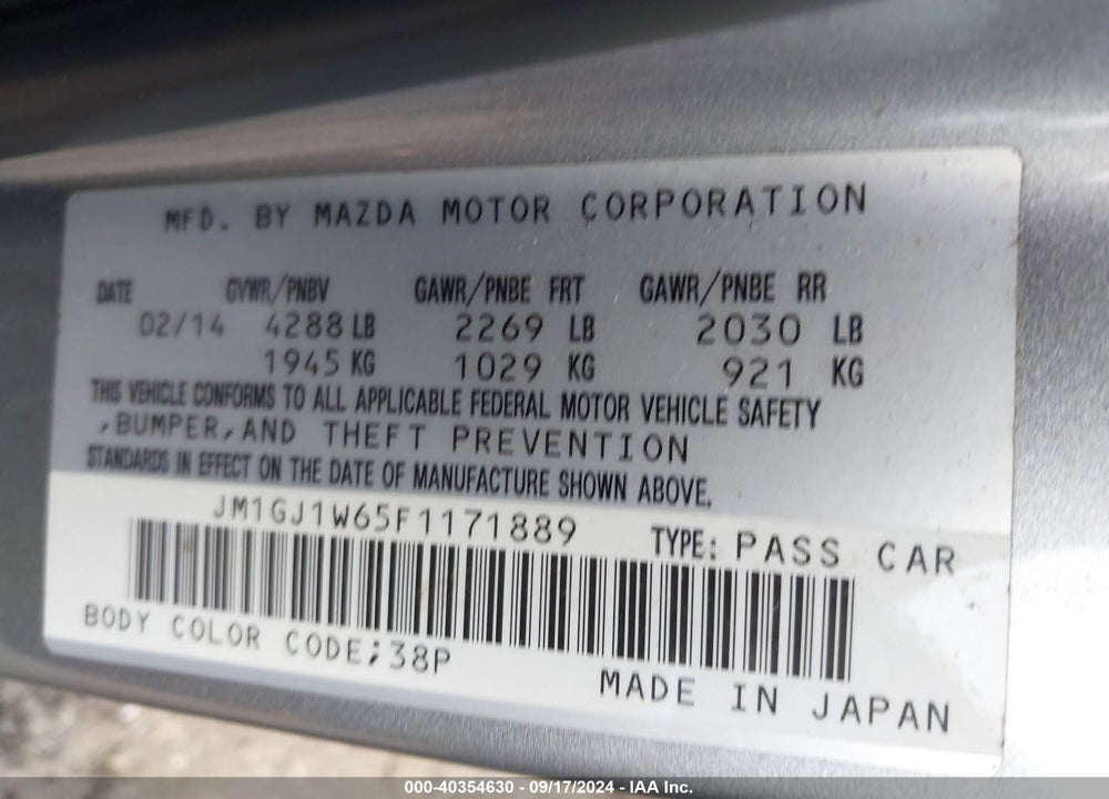 2015 MAZDA 6 I GRAND TOURING VIN: JM1GJ1W65F1171889