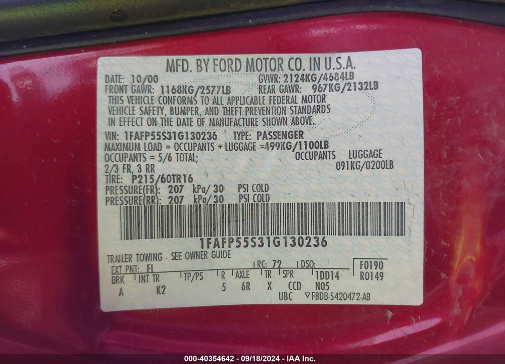 2001 FORD TAURUS SES VIN: 1FAFP55S31G130236