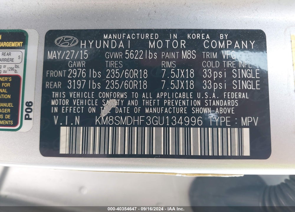 2016 HYUNDAI SANTA FE SE VIN: KM8SMDHF3GU134996