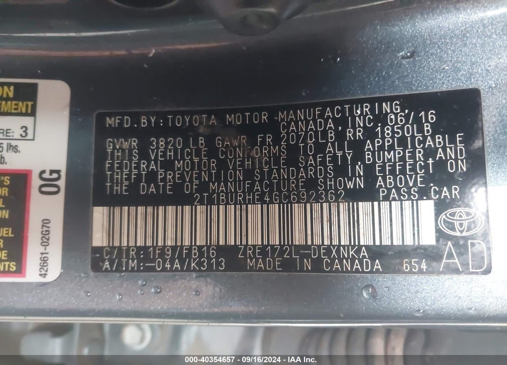 2016 TOYOTA COROLLA LE VIN: 2T1BURHE4GC692362