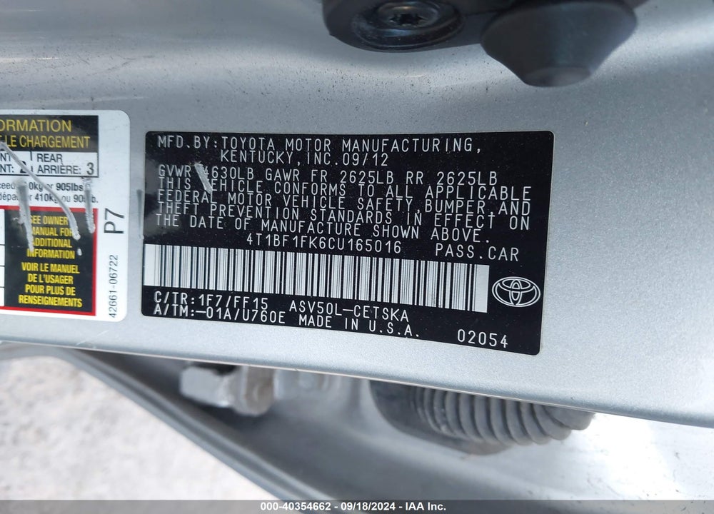 2012 TOYOTA CAMRY SE VIN: 4T1BF1FK6CU165016