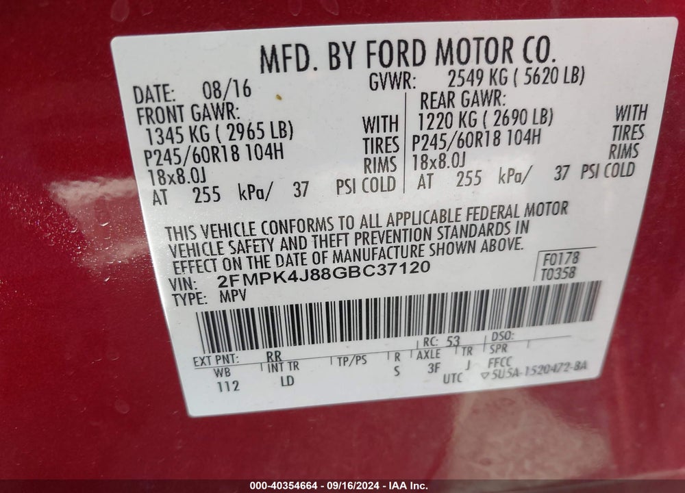 2016 FORD EDGE SEL VIN: 2FMPK4J88GBC37120