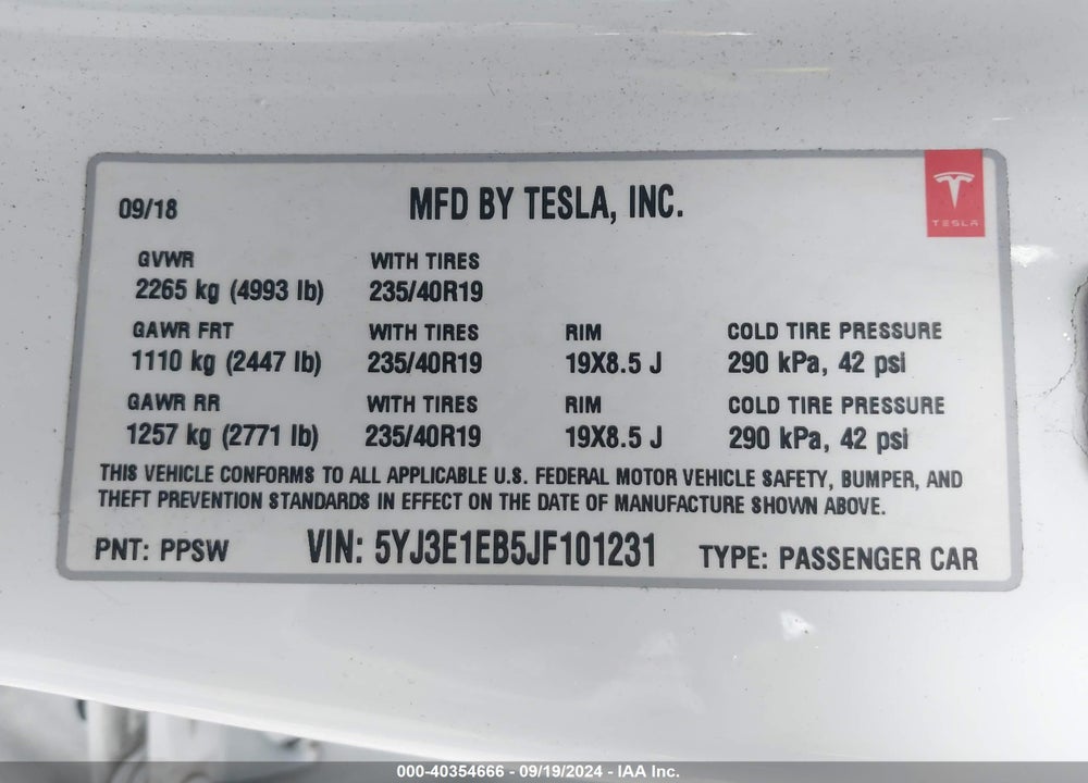 2018 TESLA MODEL 3 LONG RANGE/PERFORMANCE VIN: 5YJ3E1EB5JF101231