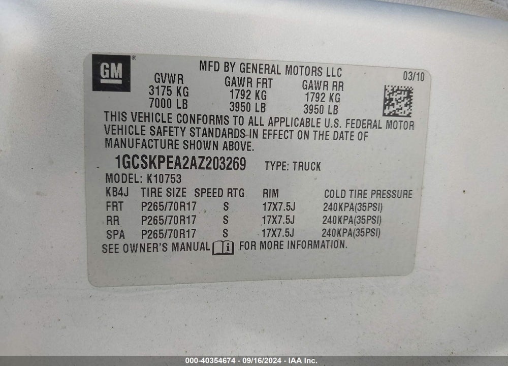 2010 CHEVROLET SILVERADO 1500 WORK TRUCK VIN: 1GCSKPEA2AZ203269