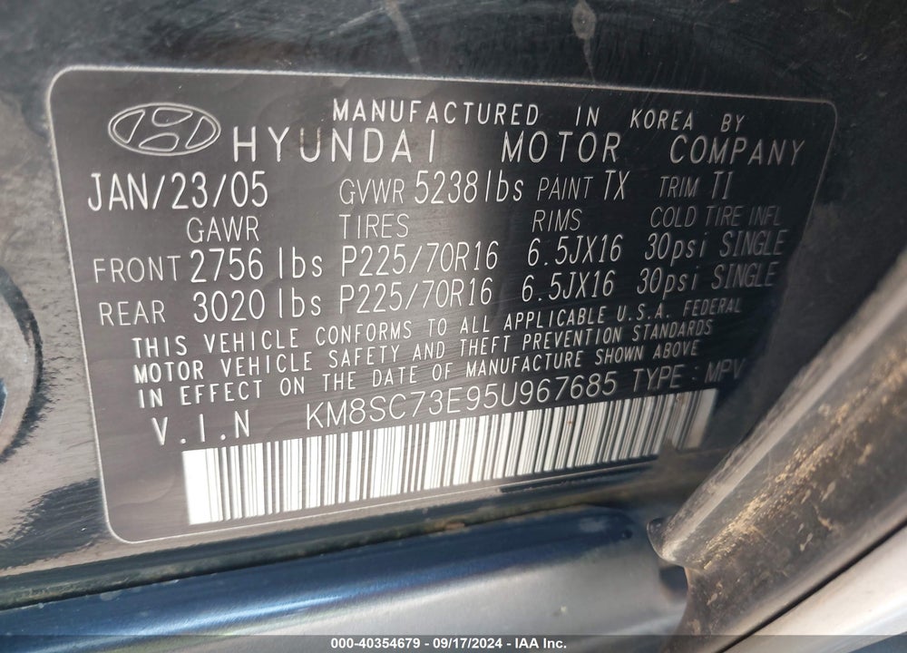 2005 HYUNDAI SANTA FE GLS/LX VIN: KM8SC73E95U967685