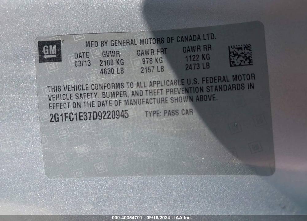 2013 CHEVROLET CAMARO 2LT VIN: 2G1FC1E37D9220945