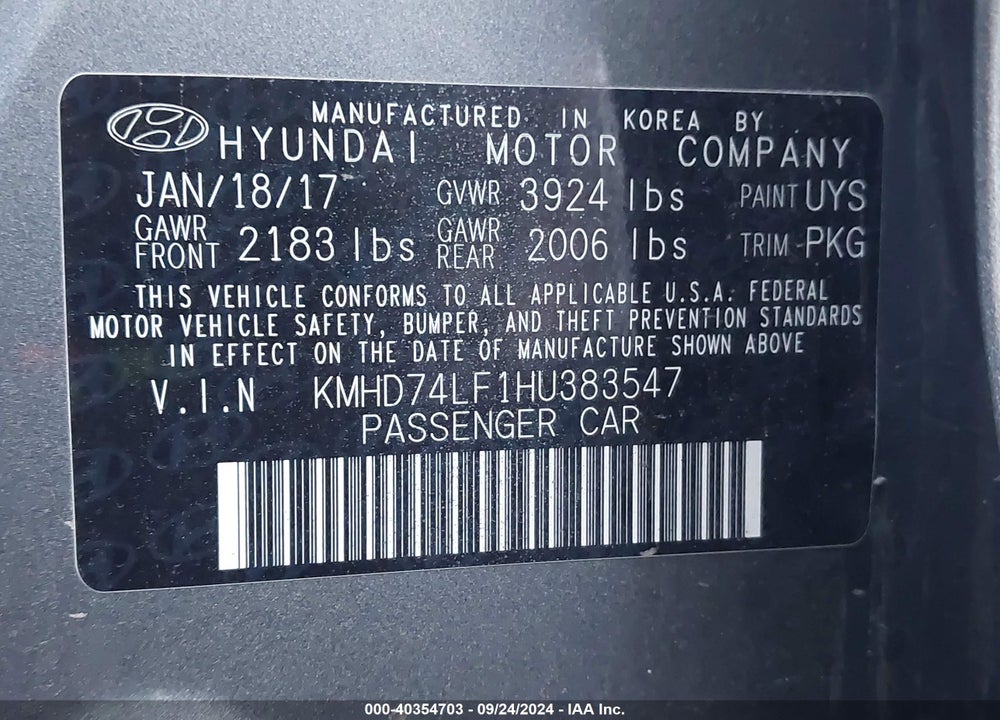 2017 HYUNDAI ELANTRA SE VIN: KMHD74LF1HU383547