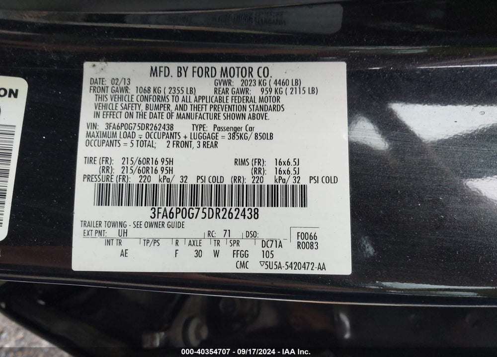 2013 FORD FUSION S VIN: 3FA6P0G75DR262438