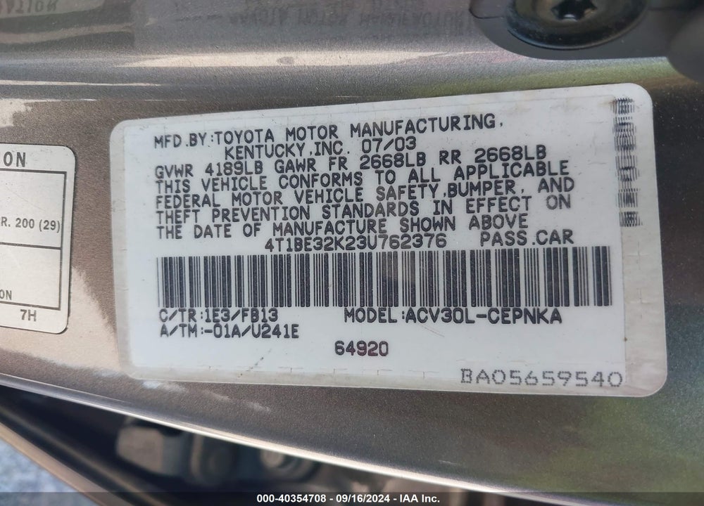 2003 TOYOTA CAMRY LE VIN: 4T1BE32K23U762376