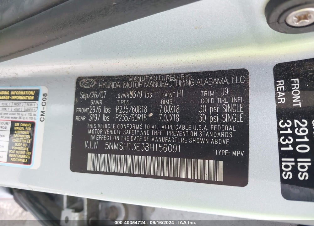 2008 HYUNDAI SANTA FE LIMITED/SE VIN: 5NMSH13E38H156091