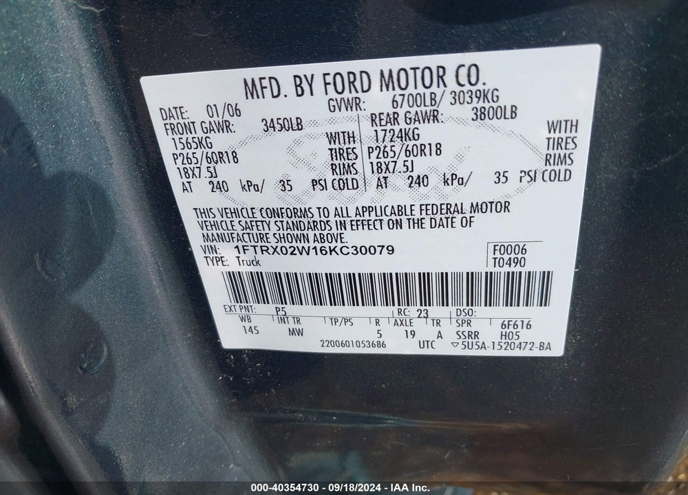 2006 FORD F-150 STX/XLT VIN: 1FTRX02W16KC30079