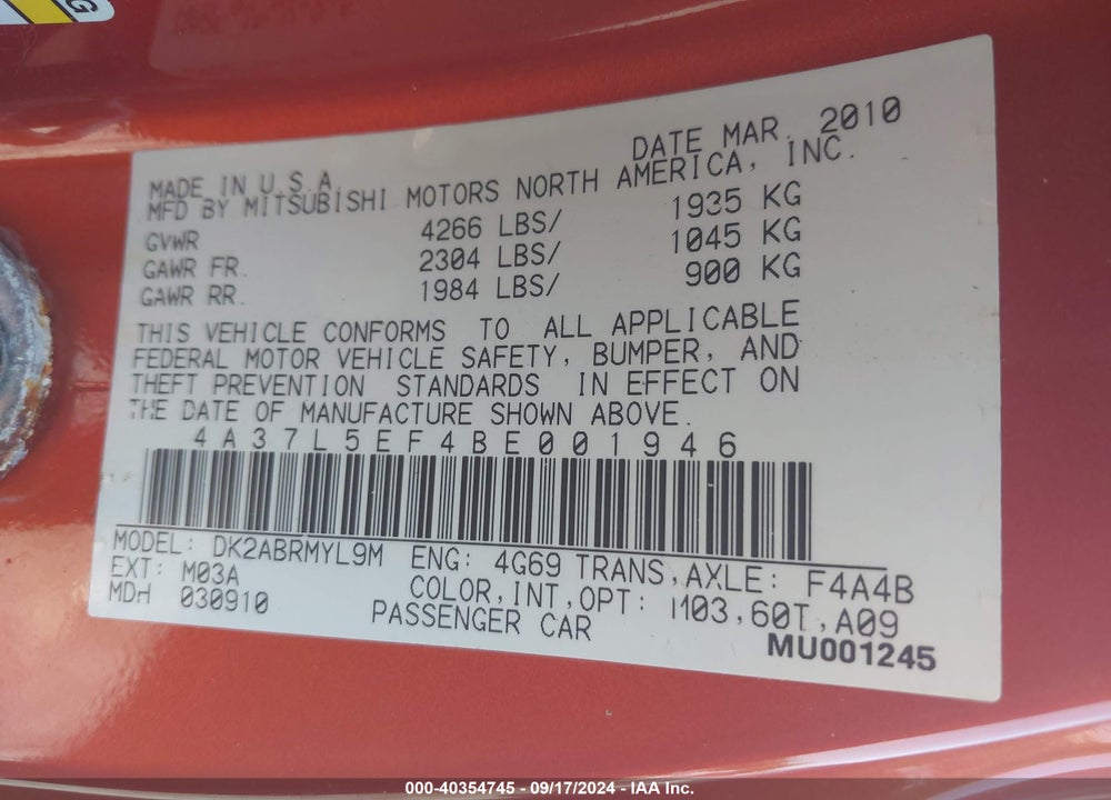 2011 MITSUBISHI ECLIPSE SPYDER GS SPORT VIN: 4A37L5EF4BE001946