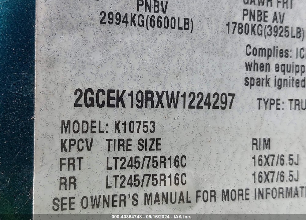 1998 CHEVROLET K1500 FLEETSIDE/SILVERADO FLEETSIDE/SPORTSIDE VIN: 2GCEK19RXW1224297