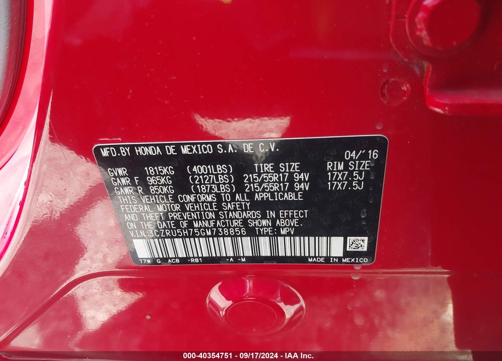2016 HONDA HR-V EX-L VIN: 3CZRU5H75GM738856