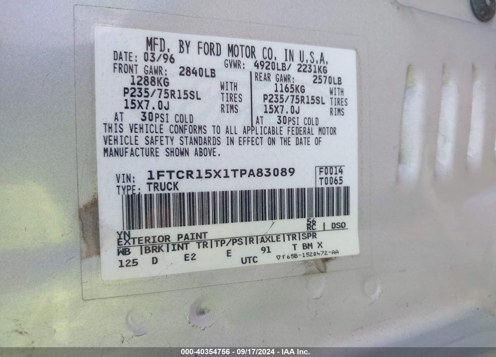 1996 FORD RANGER SUPER CAB VIN: 1FTCR15X1TPA83089