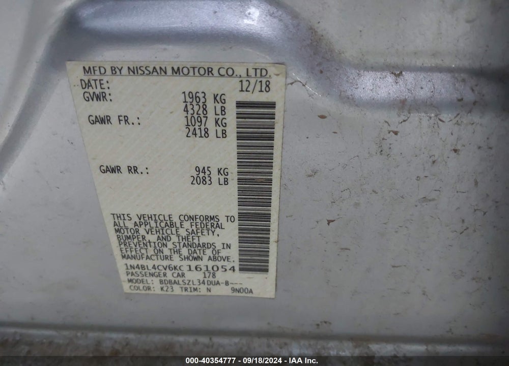 2019 NISSAN ALTIMA 2.5 SR VIN: 1N4BL4CV6KC161054