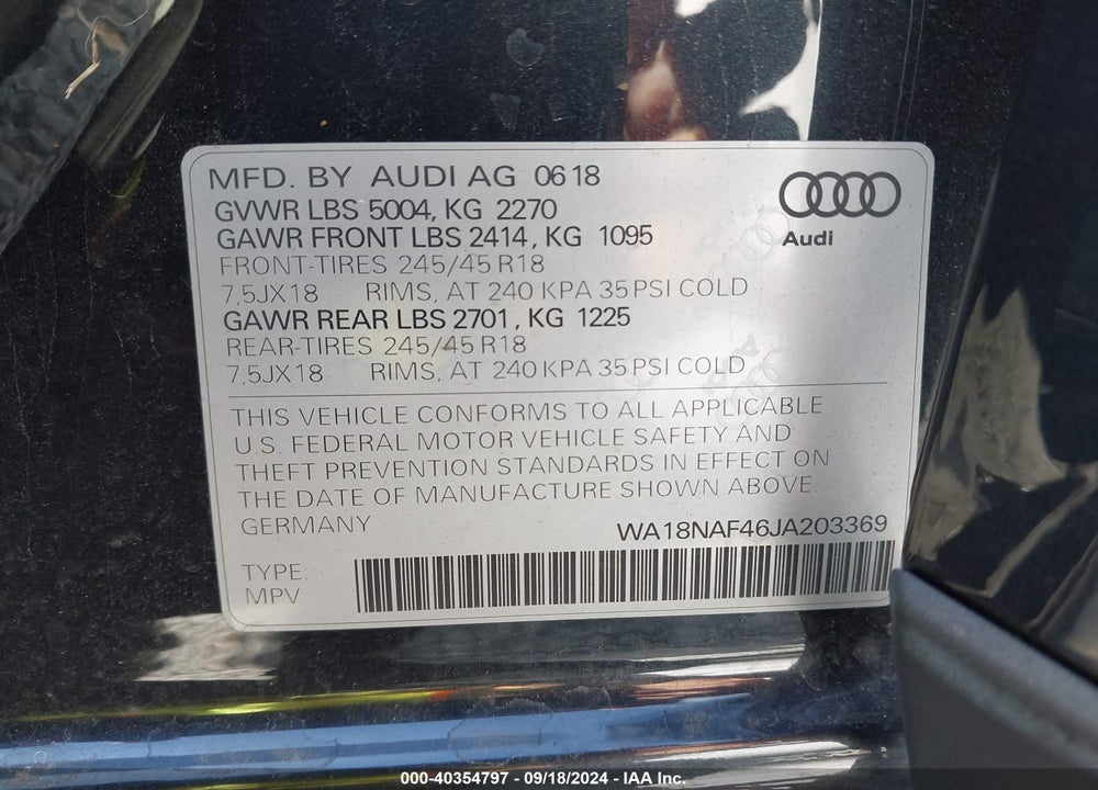 2018 AUDI A4 ALLROAD 2.0T PREMIUM/2.0T TECH PREMIUM VIN: WA18NAF46JA203369