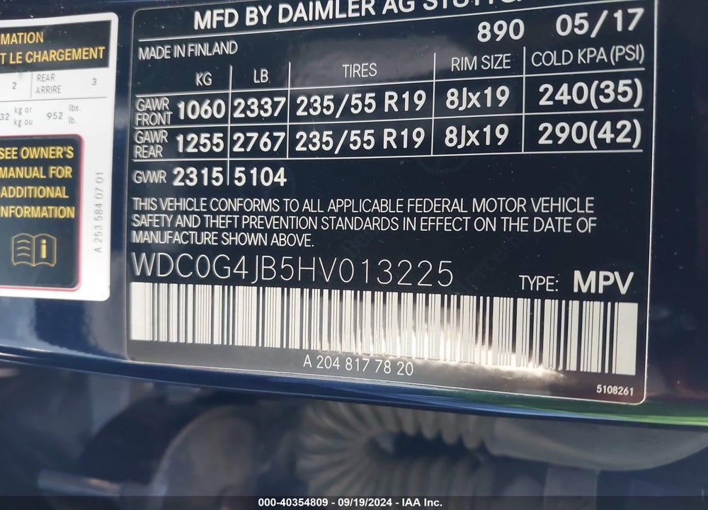 2017 MERCEDES-BENZ GLC 300 VIN: WDC0G4JB5HV013225