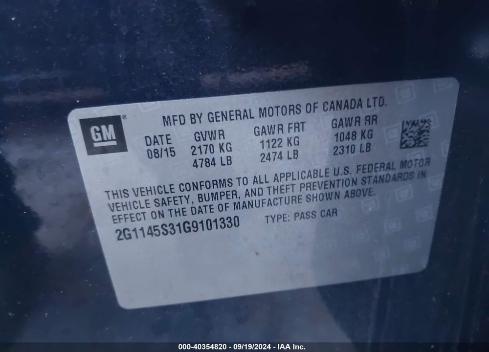 2016 CHEVROLET IMPALA 2LZ VIN: 2G1145S31G9101330