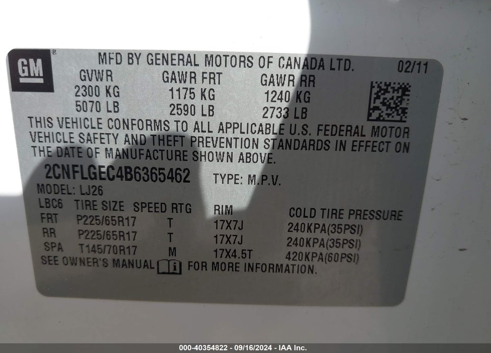 2011 CHEVROLET EQUINOX LTZ VIN: 2CNFLGEC4B6365462