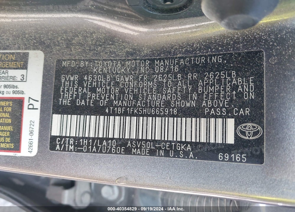 2017 TOYOTA CAMRY XLE VIN: 4T1BF1FK5HU665918