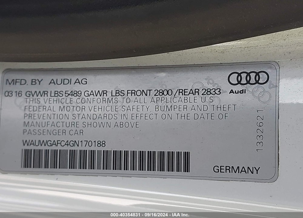 2016 AUDI A7 3.0T PREMIUM PLUS VIN: WAUWGAFC4GN170188