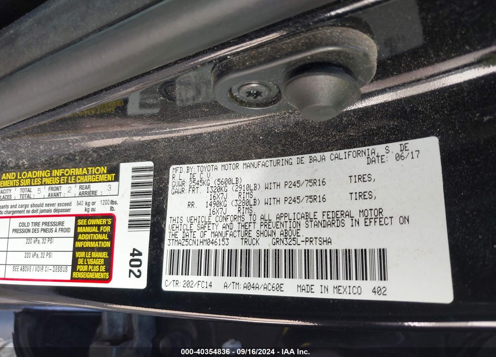 2017 TOYOTA TACOMA SR5 V6 VIN: 3TMAZ5CN1HM046153
