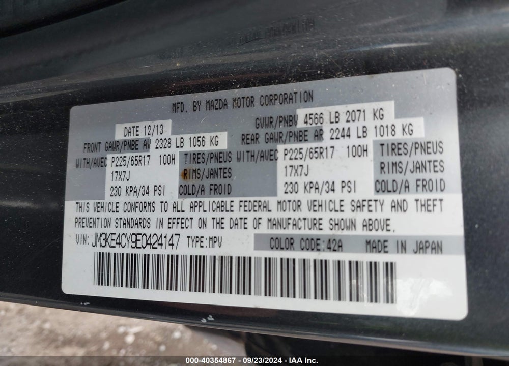 2014 MAZDA CX-5 TOURING VIN: JM3KE4CY9E0424147