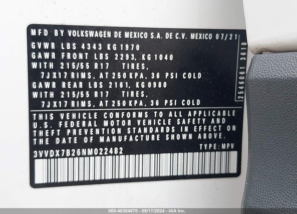 2022 VOLKSWAGEN TAOS 1.5T S VIN: 3VVDX7B26NM022482