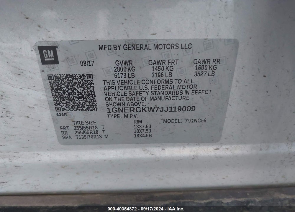 2018 CHEVROLET TRAVERSE 1LT VIN: 1GNERGKW7JJ119009