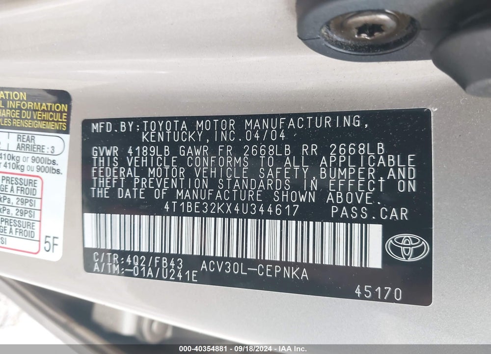 2004 TOYOTA CAMRY LE VIN: 4T1BE32KX4U344617