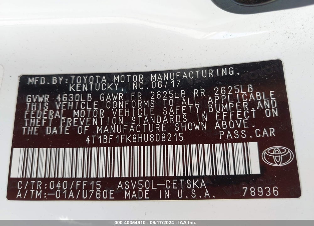 2017 TOYOTA CAMRY SE VIN: 4T1BF1FK8HU808215