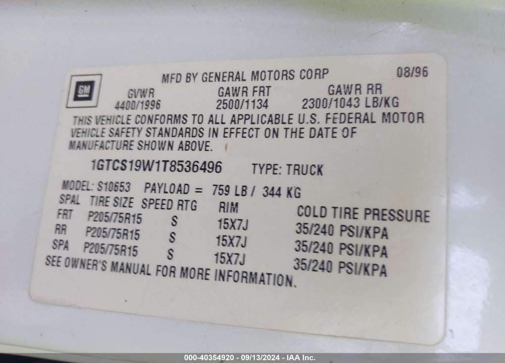 1996 GMC SONOMA VIN: 1GTCS19W1T8536496
