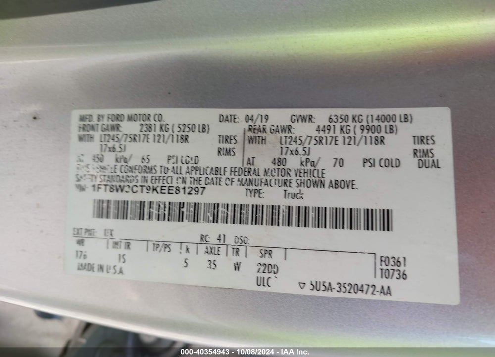 2019 FORD F-350 XL VIN: 1FT8W3CT9KEE81297
