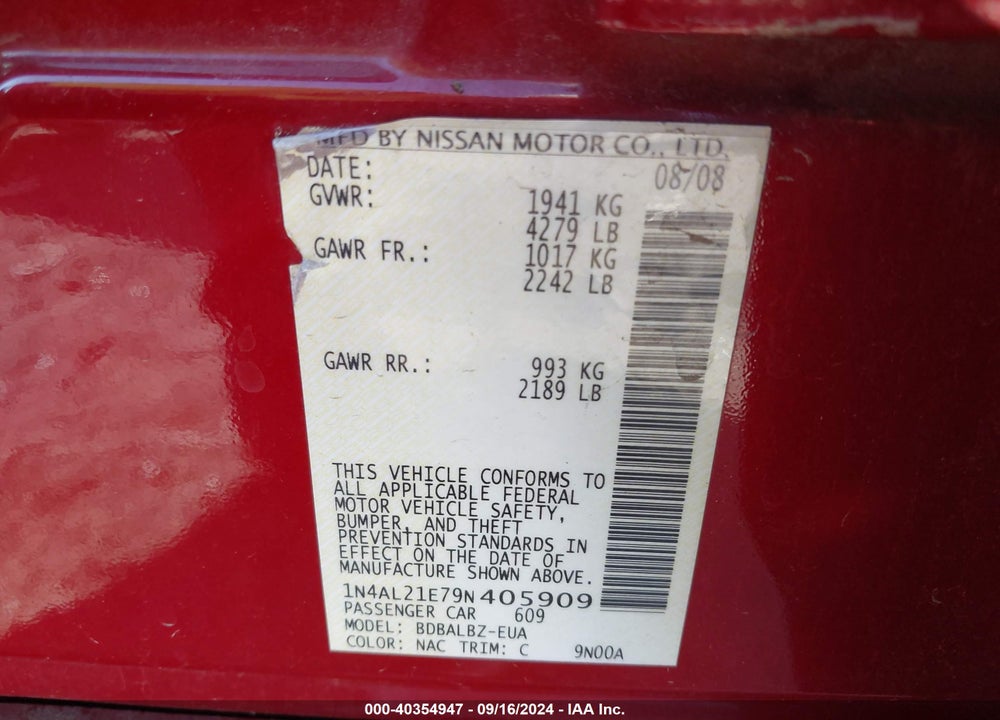 2009 NISSAN ALTIMA 2.5 S VIN: 1N4AL21E79N405909