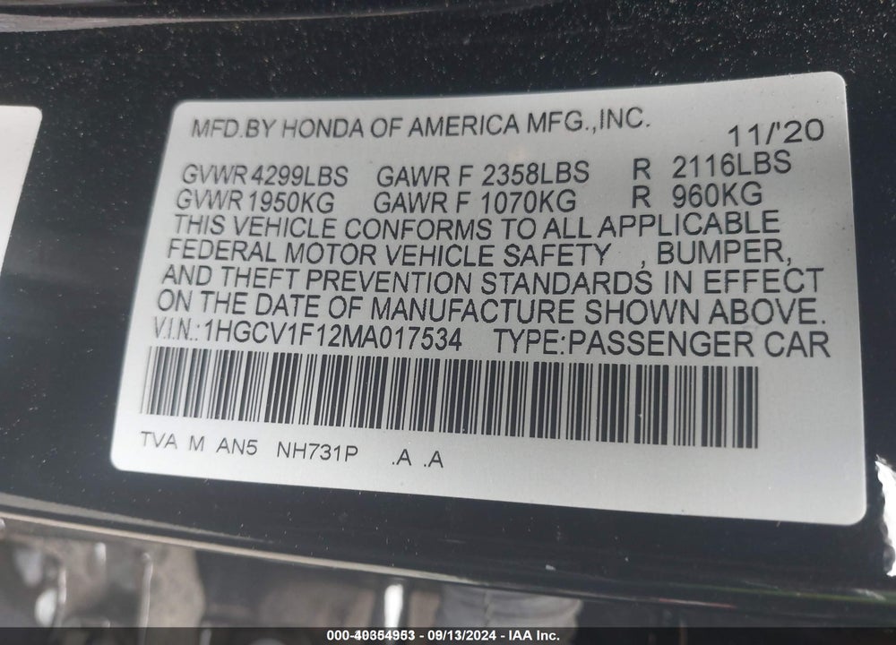 2021 HONDA ACCORD LX VIN: 1HGCV1F12MA017534
