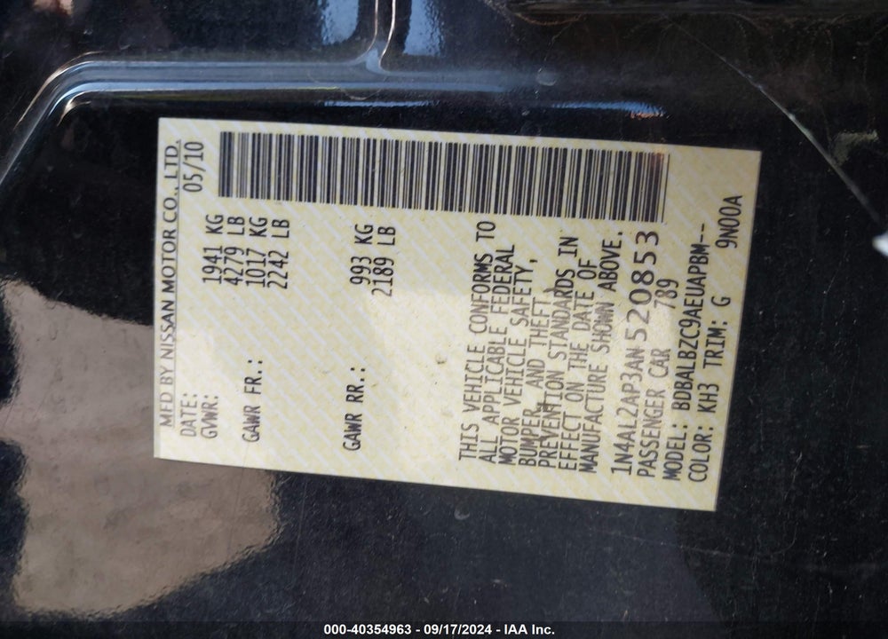 2010 NISSAN ALTIMA 2.5 S VIN: 1N4AL2AP3AN520853
