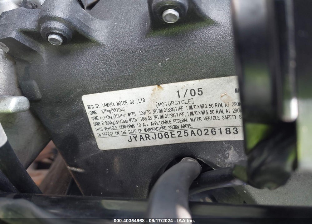 2005 YAMAHA YZFR6 L VIN: JYARJ06E25A026183