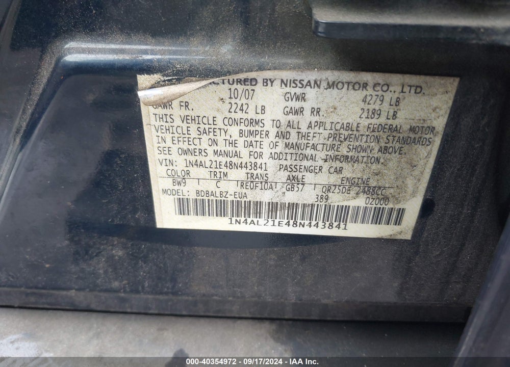 2008 NISSAN ALTIMA 2.5 S VIN: 1N4AL21E48N443841