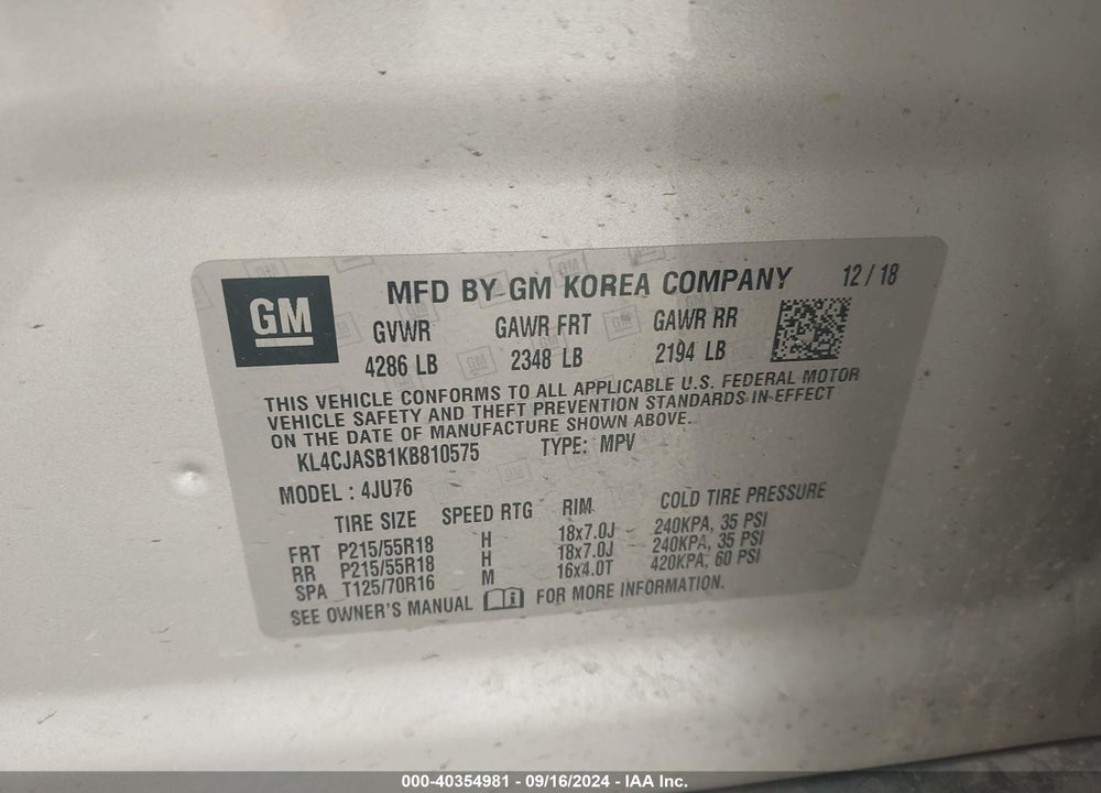 2019 BUICK ENCORE FWD PREFERRED VIN: KL4CJASB1KB810575