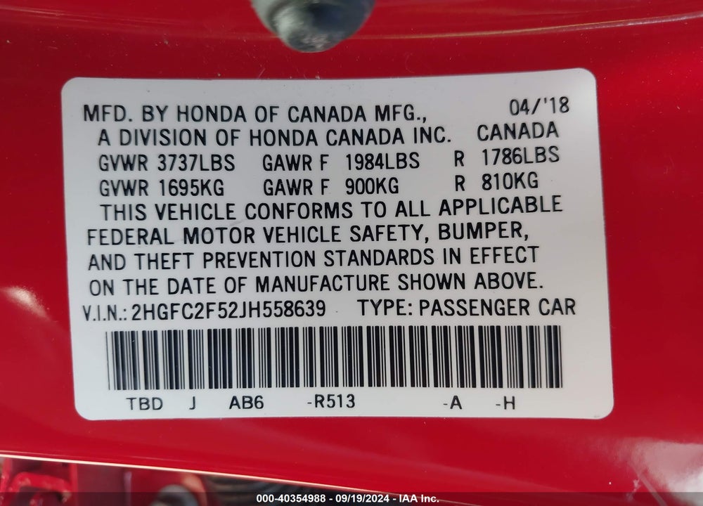 2018 HONDA CIVIC LX VIN: 2HGFC2F52JH558639