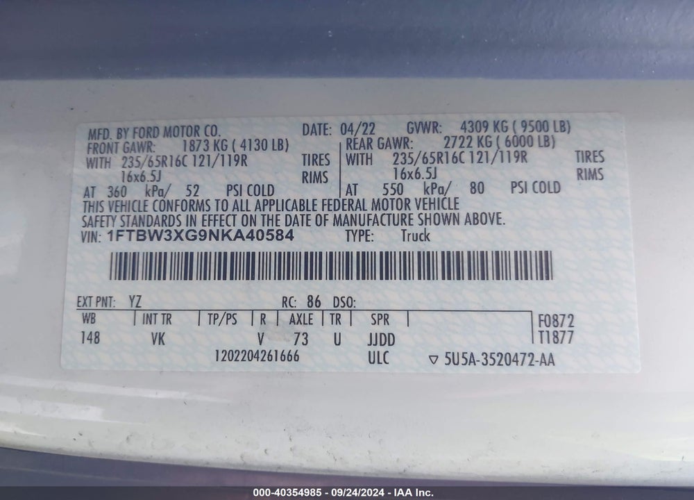 2022 FORD TRANSIT-350 CARGO VAN VIN: 1FTBW3XG9NKA40584
