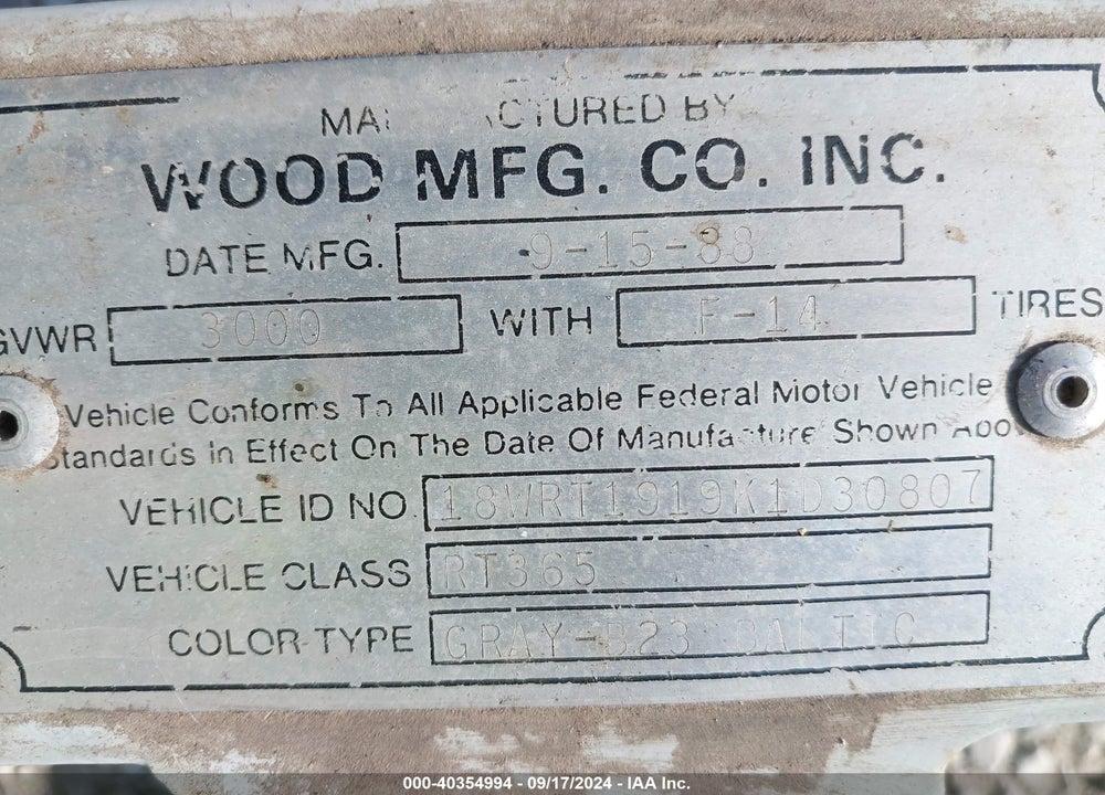 1989 TRAILER WOOD MFG BOAT VIN: 18WRT1919K1D30807