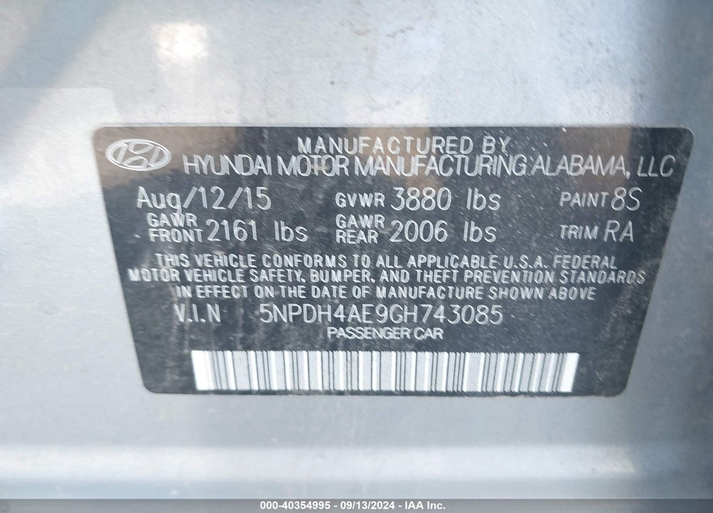 2016 HYUNDAI ELANTRA SE VIN: 5NPDH4AE9GH743085