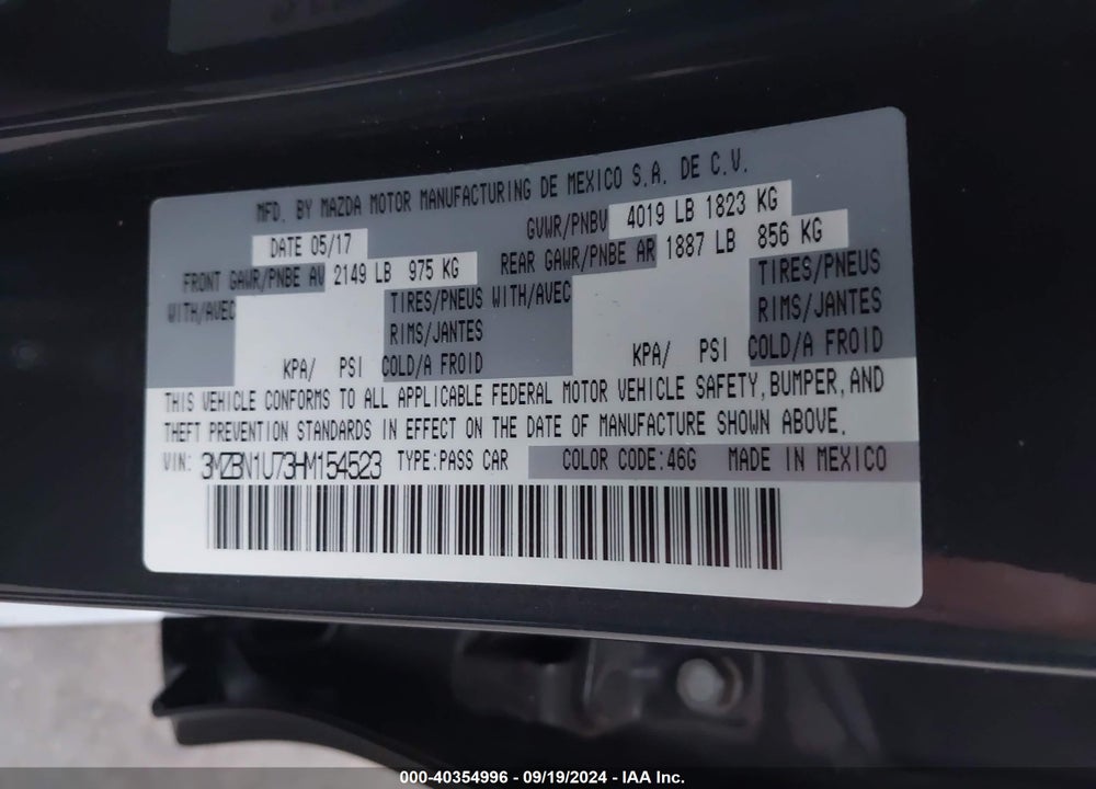 2017 MAZDA 3 SPORT VIN: 3MZBN1U73HM154523