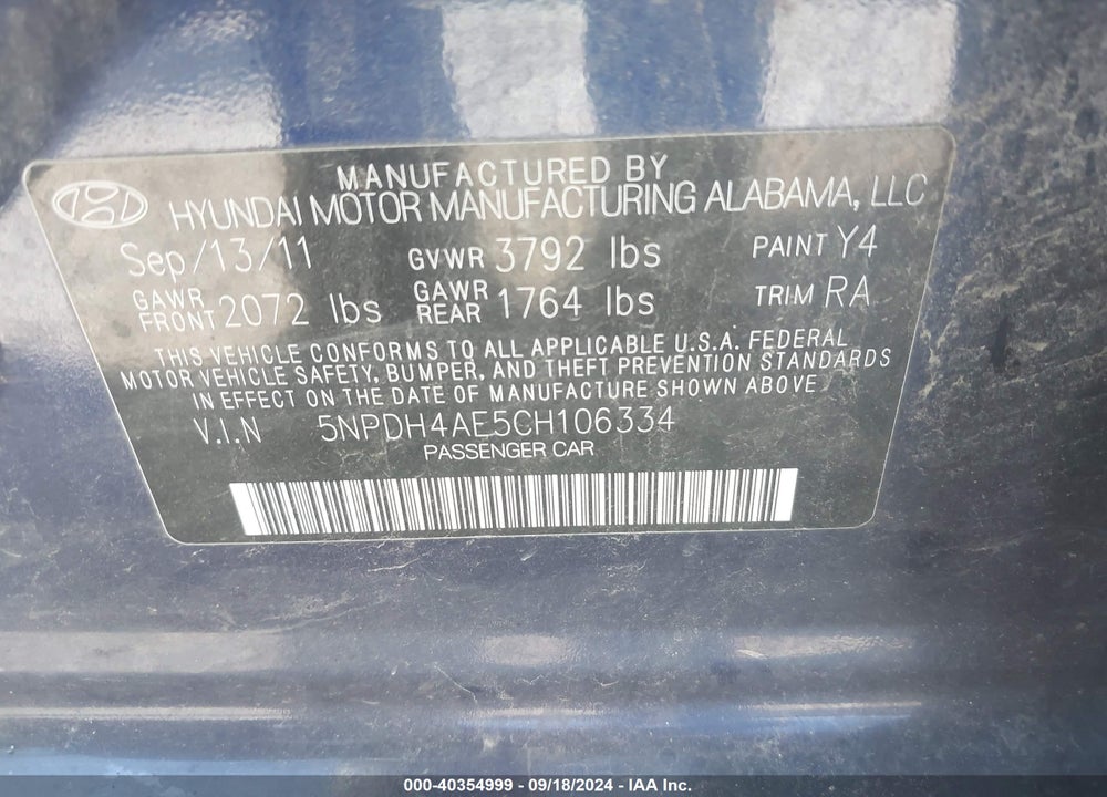 2012 HYUNDAI ELANTRA GLS VIN: 5NPDH4AE5CH106334